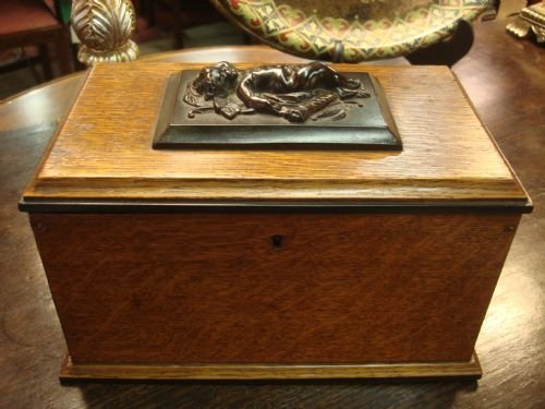 19th century wonderful victorian solid oak casket with bronze plaque to top and partitioned interior for desk or table