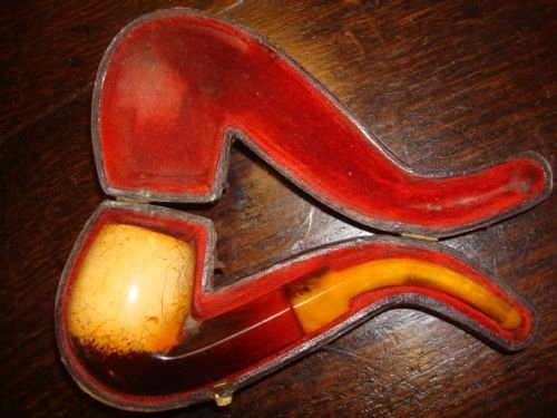 19th century meerschaum pipe with amber stem and original leather case