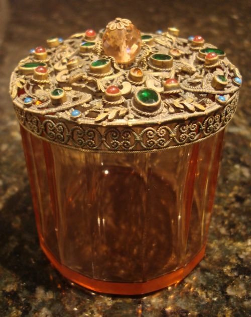 circa 1900 unique faceted cut glass cranberry glass jar with bejewelled gilt metal top