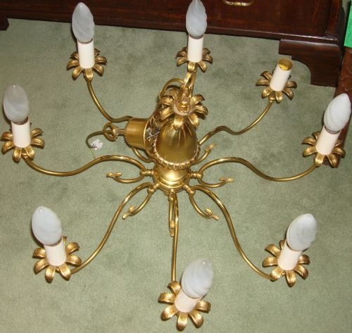 circa 1940 stylish large gilt metal 8 branch chandelier with pineapple decoration