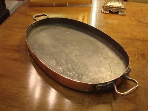 19th century london made unusual large oval twin handled copper baking pan made by jones brothers of down street quality makers