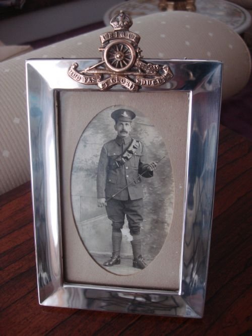 birmingham 1909 solid silver photograph frame with royal artillery military interest by famed makers sampson mordan and company
