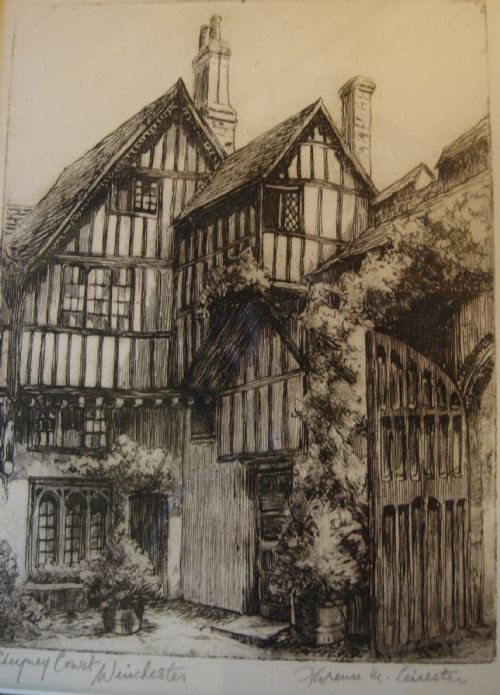 fine 19th century signed original etching of cheyney court winchester