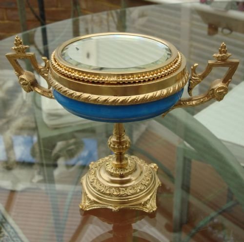 19thc french mirrored porcelain bowl and mirror on gilt metal stand