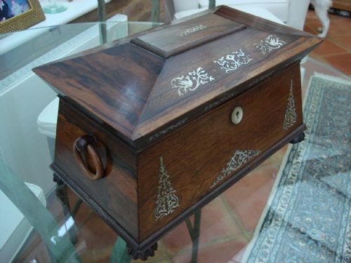 william iv period circa 1830 wonderful large rosewood tea caddy box or chest with beautiful mother of pearl bird and foliate inlay