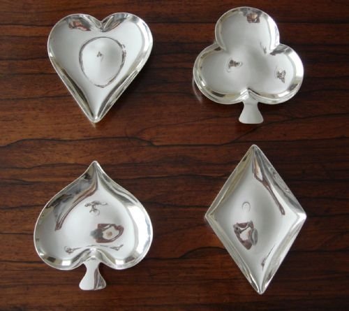 beautifully designed solid silver english hallmarked set of 4 bridge or gaming counter dishes by famous maker a e jones