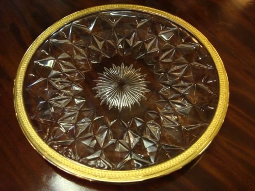 val saint lambert signed large crystal dish or charger with gilt metal edge made in belgium