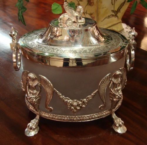 very elegant and rare superior quality large silver plate and frosted glass oval victorian biscuit box in the egyptian style