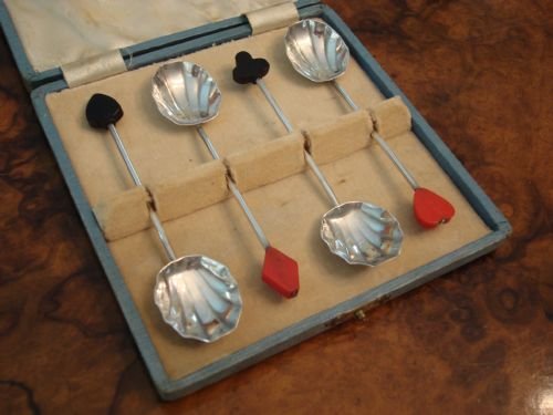 art deco period solid silver and bakelite bridge spoons in the original case