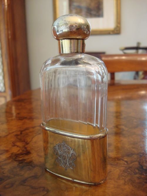 london 1891 victorian solid silver gilt and cut glass spirit flask of large proportions