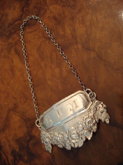 lovely and unusual birmingham 1830 solid silver rum decanter label