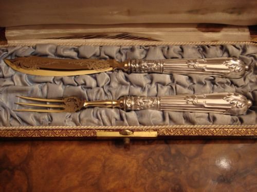 circa 1890 french silver handled knife and fork serving set in original fitted case with interesting provenance