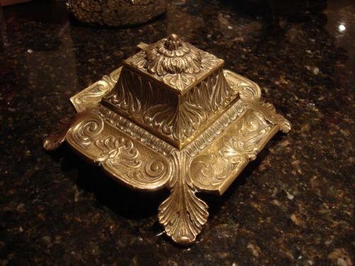 19th century cast brass french inkstand with flowing foliate design and pen rests