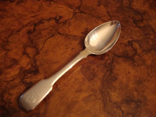 london 1822 solid silver georgian period fiddle pattern dessert spoon with very nice family crest