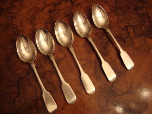 exeter 1852 sterling silver set of 5 teaspoons assayed by very collectable english provincial assay office