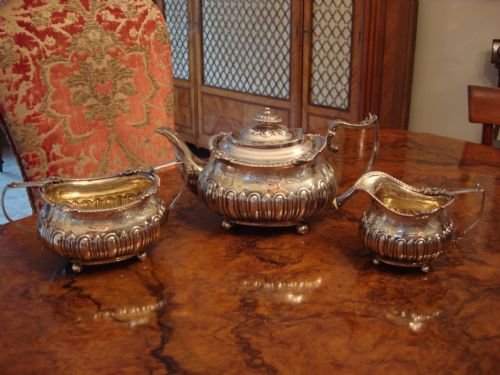 london 1813 wonderful georgian period sterling silver full sized tea set with very decorative grape vine and leaf decoration
