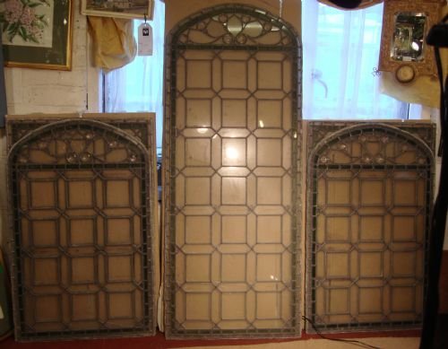 lovely antique set of 5 leaded stained glass windows including three arched and two rectangular windows