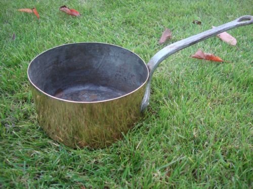 19thc attractive copper saucepan with iron handle