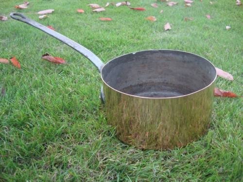 19thc attractive copper saucepan with iron handle