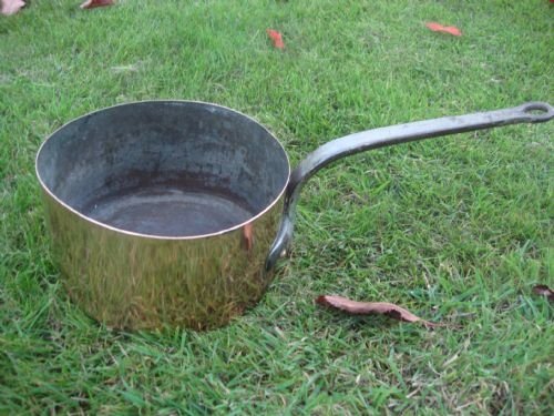 19thc attractive antique copper saucepan with iron handle