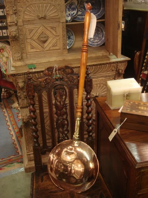 19th century copper brass and turned wood hot water bedwarmer or warming pan