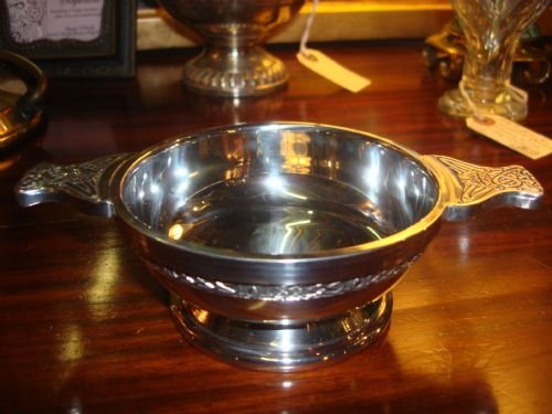 polished pewter scottish quaich or bowl with celtic design
