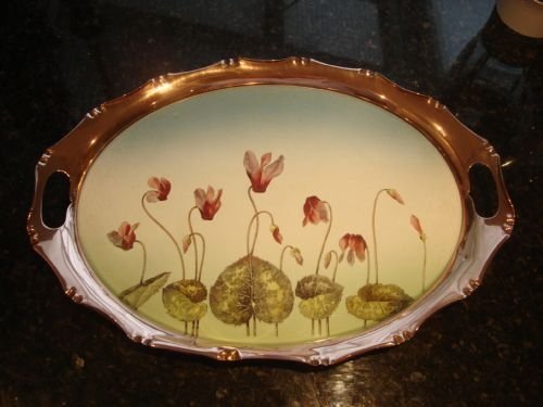 19thc art nouveau period circa 1890 very unusual copper and porcelain tray with painted cyclamen design