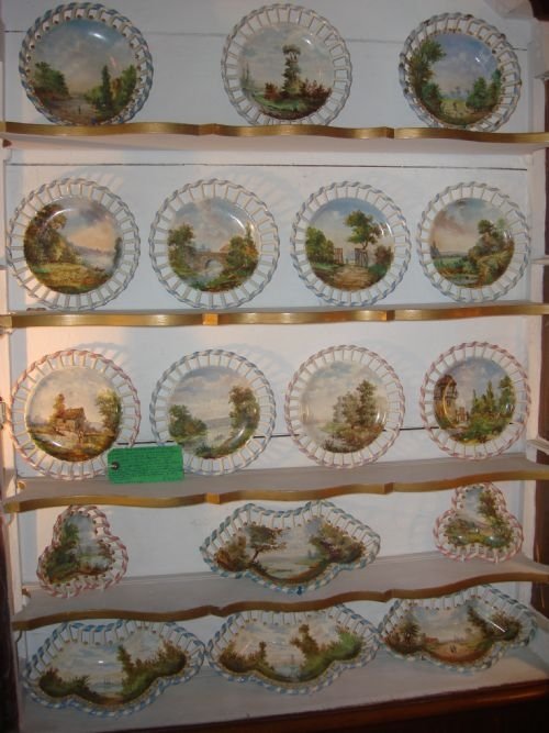 19th century 17 piece rare and stunning continental basket design hand painted tinglazed pottery large dessert service