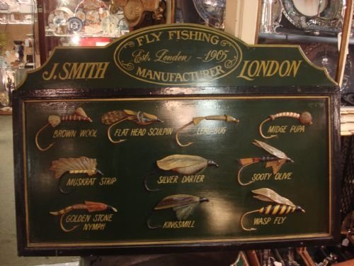 20th century very decorative j smith london large wood fly fishing advertising sign