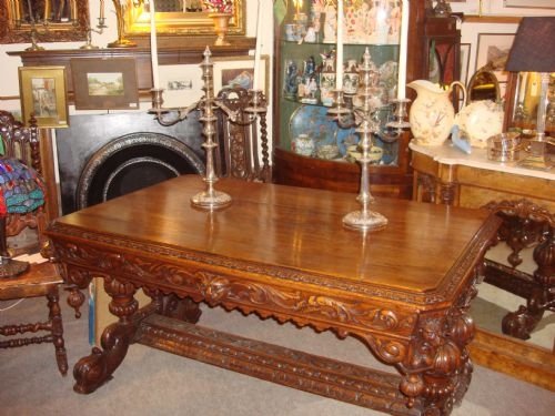 19thc solid oak carved library centre table