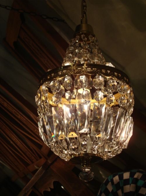 early 20th century two tier brass and cut glass lustre bag chandelier