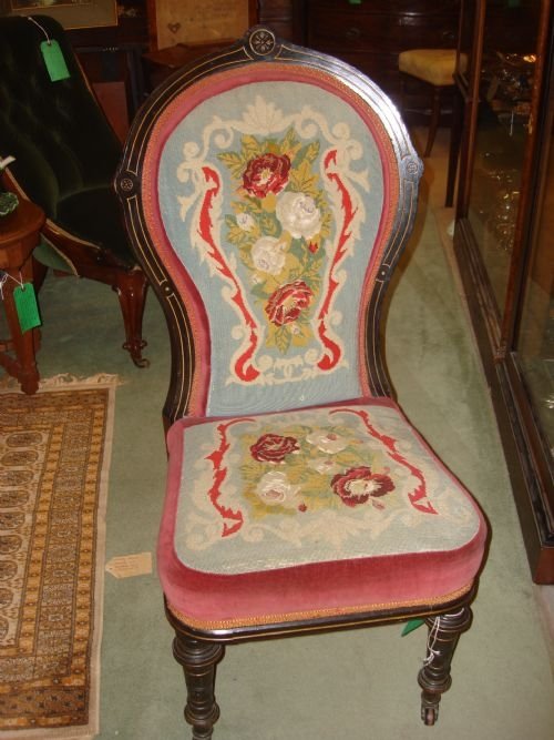 victorian ebonised and gilt chair with petit point covering