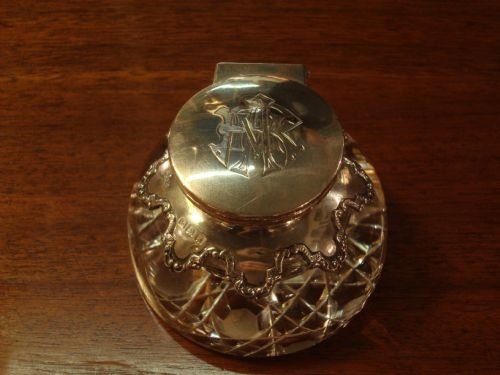 birmingham 1909 edwardian period solid silver and cut glass inkwell made by henry matthews