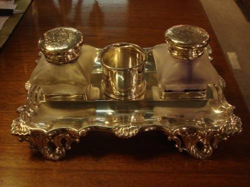 c1830 lovely georgian old sheffield plate inkstand with double inkwells