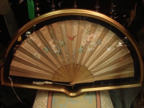 19th century silk hand painted fan mounted in bespoke gilt wood frame