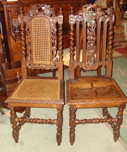 19th century set of 5 solid oak carved chairs with grape and leaf carvings and interesting provenance
