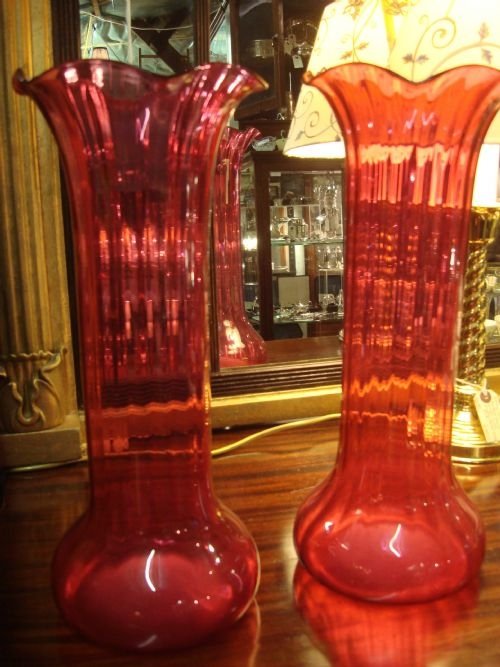 edwardian period pair of large fluted cranberry glass vases