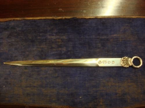 london 1966 heavy cast solid silver meat skewer form letter opener with shell terminal made by payne and sons