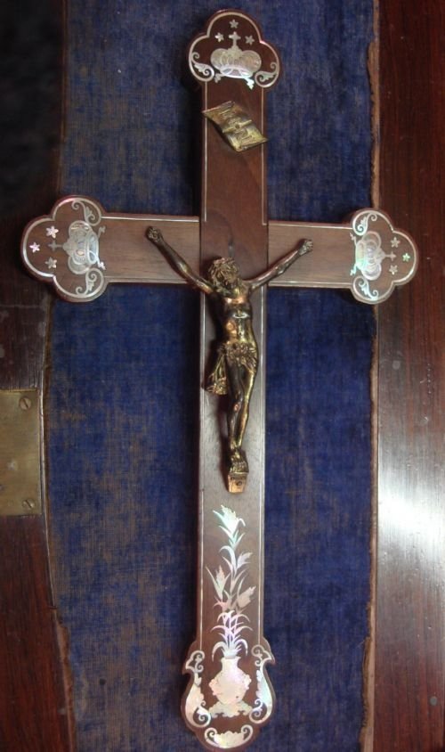 circa 1850 exquisite french solid rosewood and mother of pearl inlaid and gilt metal crucifix