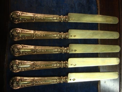 19thc ornate set of 5 solid silver french hallmarked silver gilt tea knives