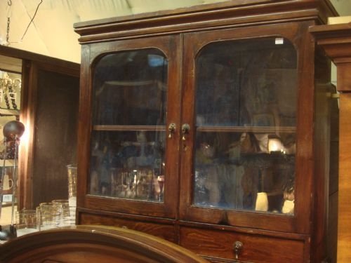 19thc pine glazed cupboard with two drawers and original blue washed interior