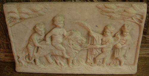 19thc lovely solid alabaster carved plaque with relief design of putti and lion