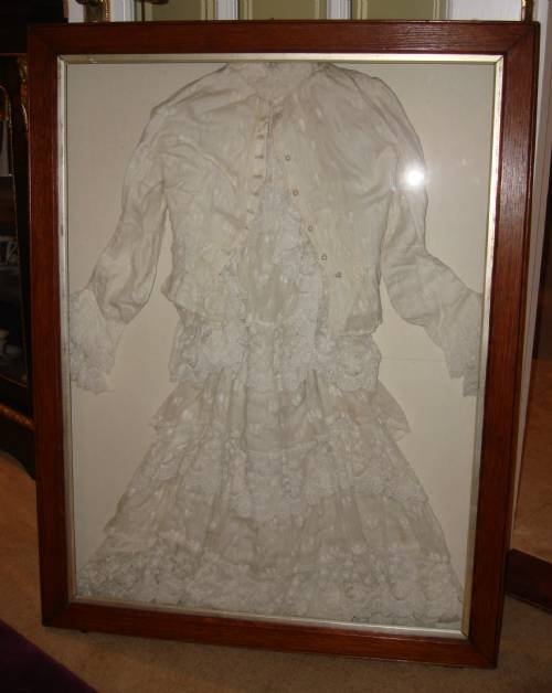19th century victorian two piece whitework garment mounted in glazed frame