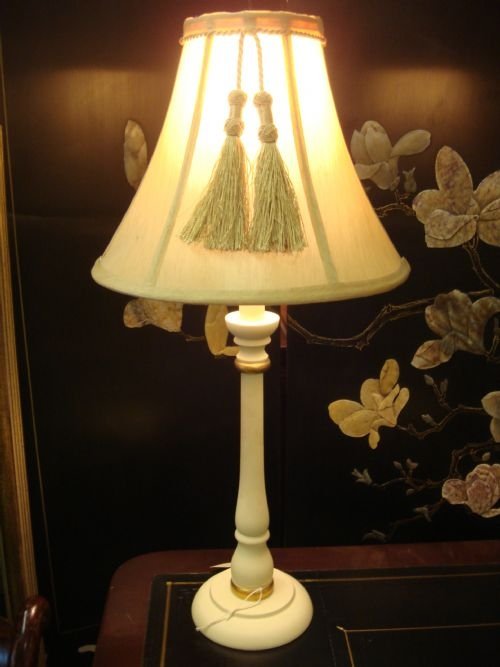 20th century painted and gilt turned wood candlestick lamp with lovely tassel embellished shade