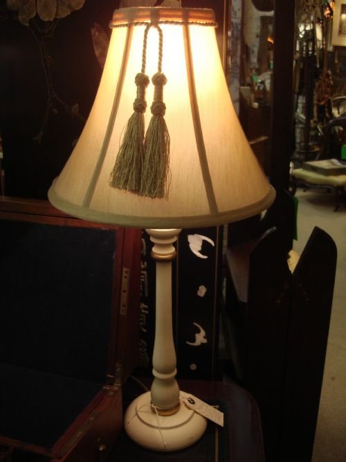 20th century painted and gilt turned wood candlestick lamp with lovely tassel embellished shade