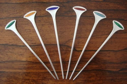 20th century lovely set of 6 norwegian solid silver and enamel long cocktail sticks made by nils hansen of oslo