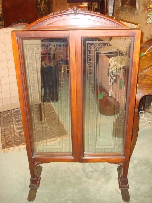 rare 19th century solid walnut etched glass and bronze fire screen with adjustable doors