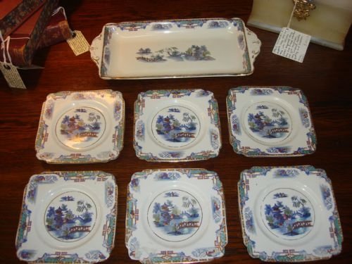 early 20th century chinoiserie china 7 piece sandwich service by burgess brothers