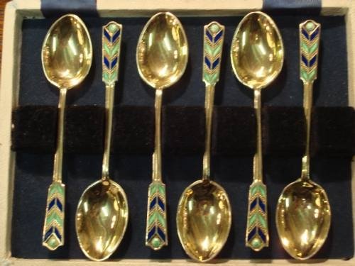 birmingham 1947 art deco cased enamel and solid silver spoons