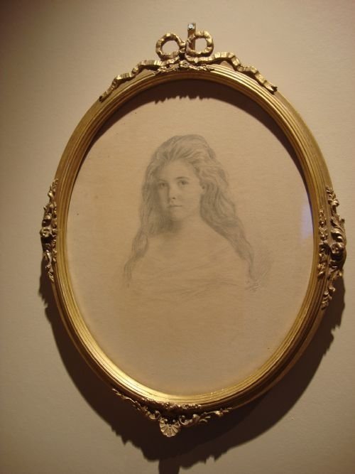 19th century lovely victorian signed pencil portrait of a lovely young girl in original gilt frame